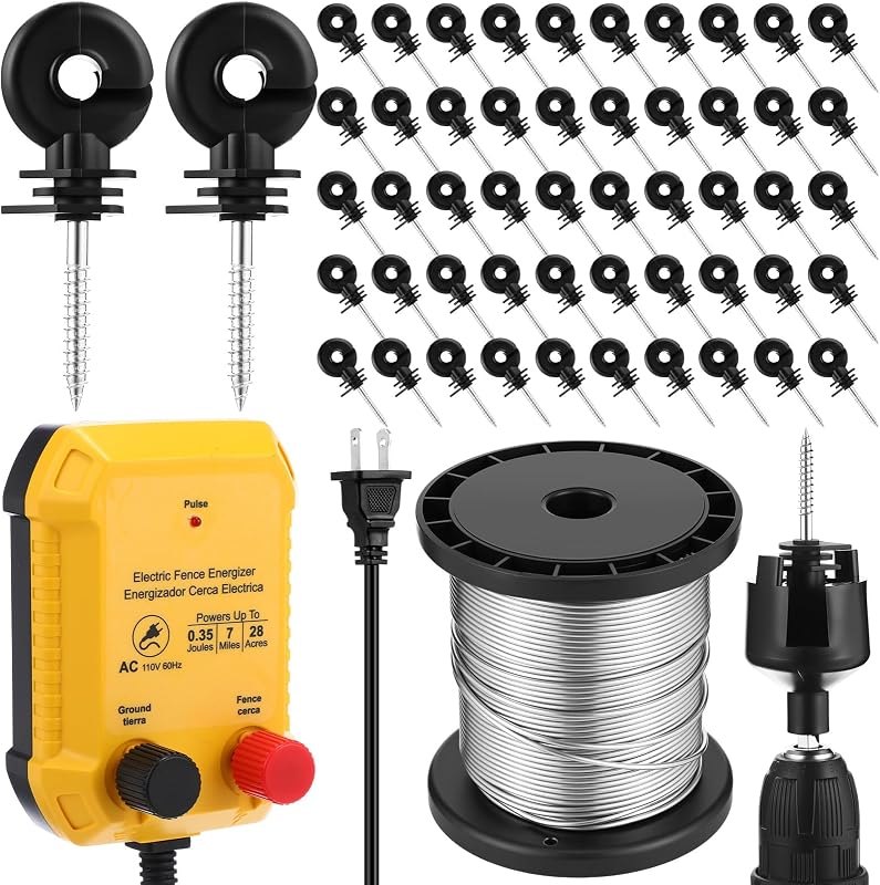 MorningRo Electric Fence Charger Kit 0.35 J 7 Mile 50 Insulators 250ft Wire