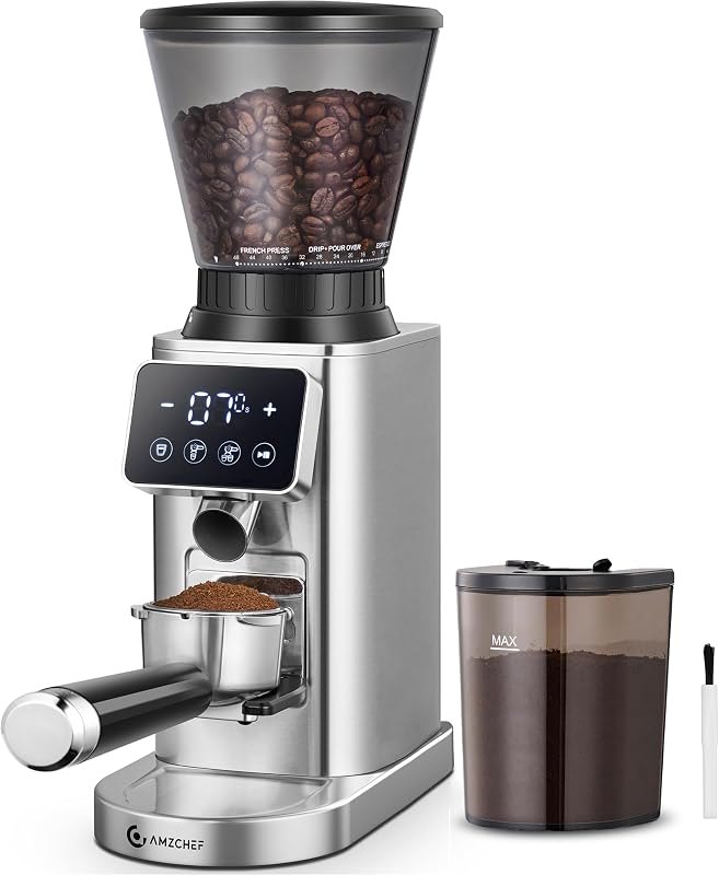 AMZCHEF Burr Coffee Grinder, 48 Settings, Less Static Mess, Metallic Silver — burr grinder for best home coffee maker