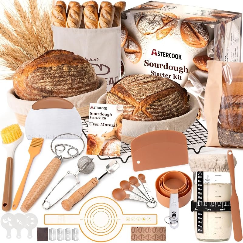 Astercook Sourdough Starter Kit with Round & Oval Banneton Bread Proofing Basket, Starter Jar, Dough Whisk, Scrapers