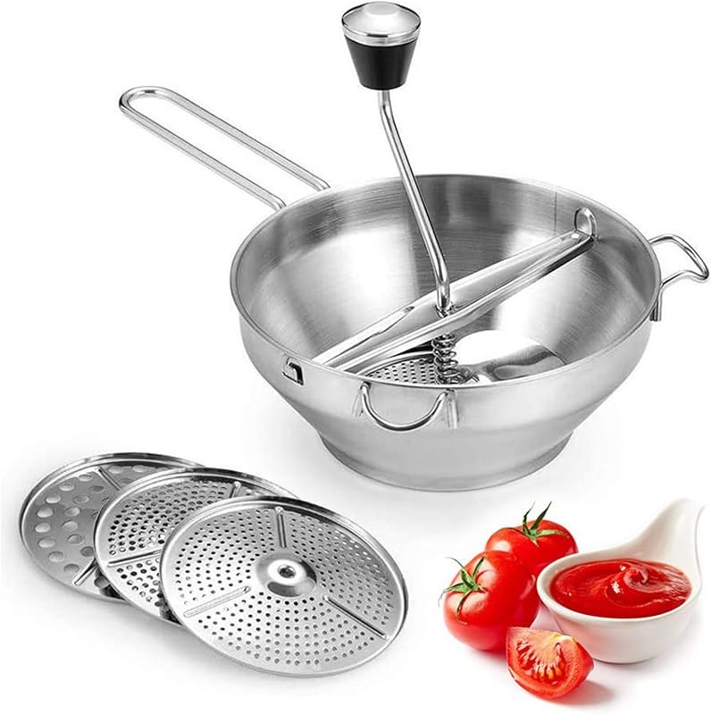 Food Mill, Mills with 3 Milling Discs Stainless Steel Food Masher Ergonomic Design for Tomato Sauce, Potatoes, Jams —