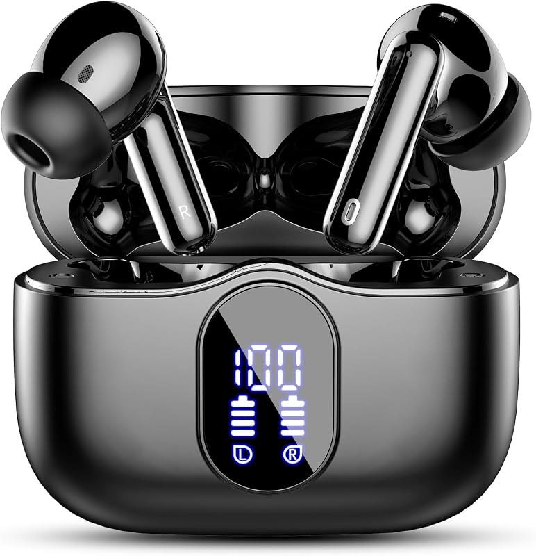 Wireless Earbuds, Bluetooth 5.4 Headphones Bass Stereo/Clear Calls, Black — budget ANC for best earbuds under 100