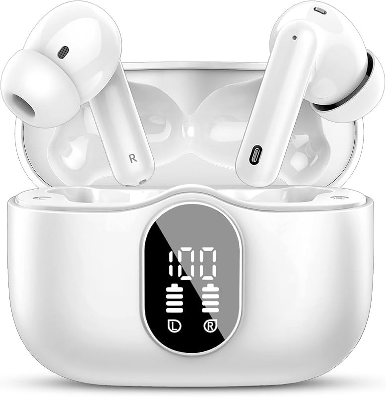 Wireless Earbuds, Bluetooth 5.4 Headphones Bass Stereo/Clear Calls, White — Earbuds, headphones, and speakers wo for