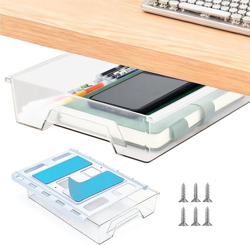 Under Desk Drawer Organizer, Self Adhesive Hidden Drawer Storage, Slide Out Desk Organizer, Space Saving Pencil &