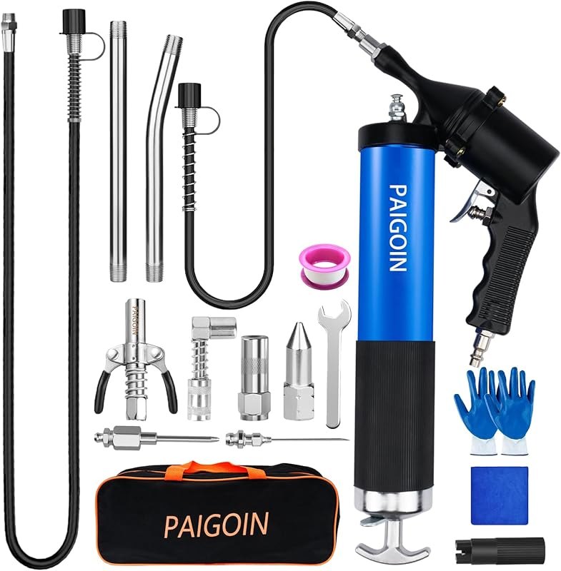 Pneumatic Grease Gun Kit 6000 PSI Heavy Duty 14 OZ Pistol Grip Grease Guns with 19" & 28" Spring Flex Hose,Quick