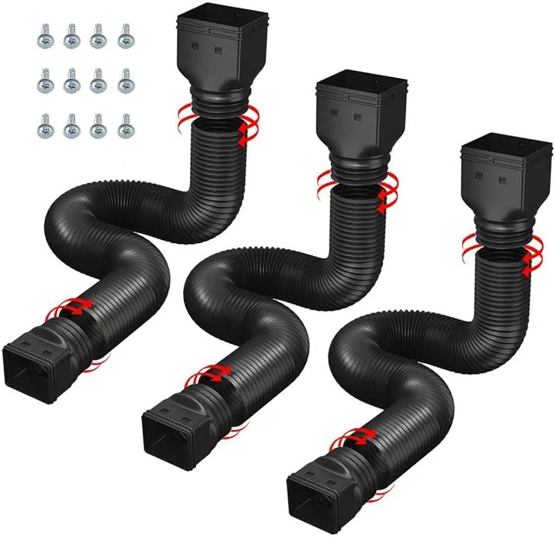 3 Pack black Rain Gutter Downspout Extensions Flexible,Drain Downspout Extender Connector 20"-68.8",Thickened Down
