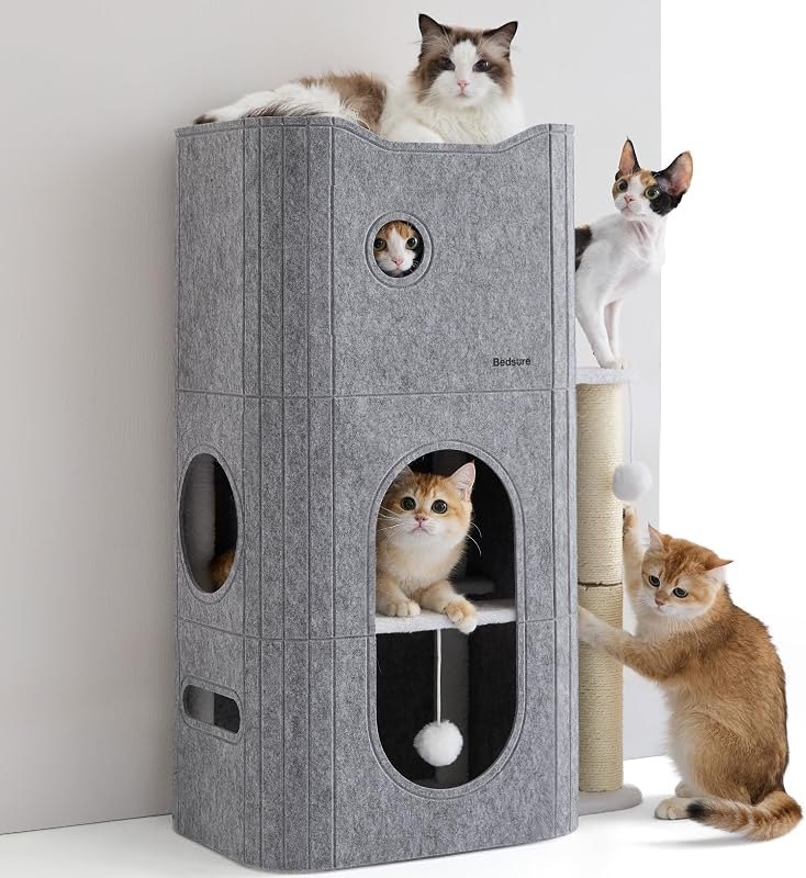 Bedsure 3-Level Cat Tree for Indoor Cats with Scratching Post,Grey — tree for best cat litter box travel compact