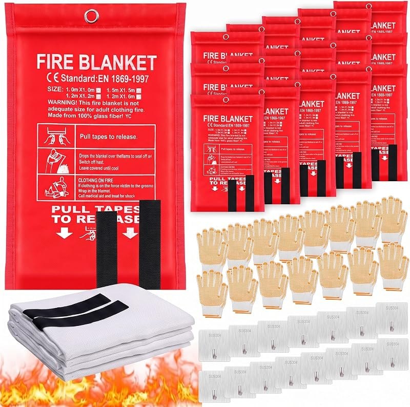 Copkim 45 Pcs Emergency Fire Blankets Fiberglass 40x40 with Gloves & Hooks — fire blanket kitchen pack for fire