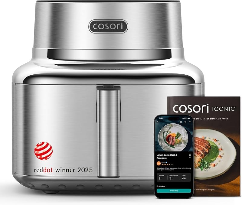 Iconic Stainless Steel Air Fryer, 6.5Qt, PFAS Free Ceramic Coating — Cosori for best air fryer