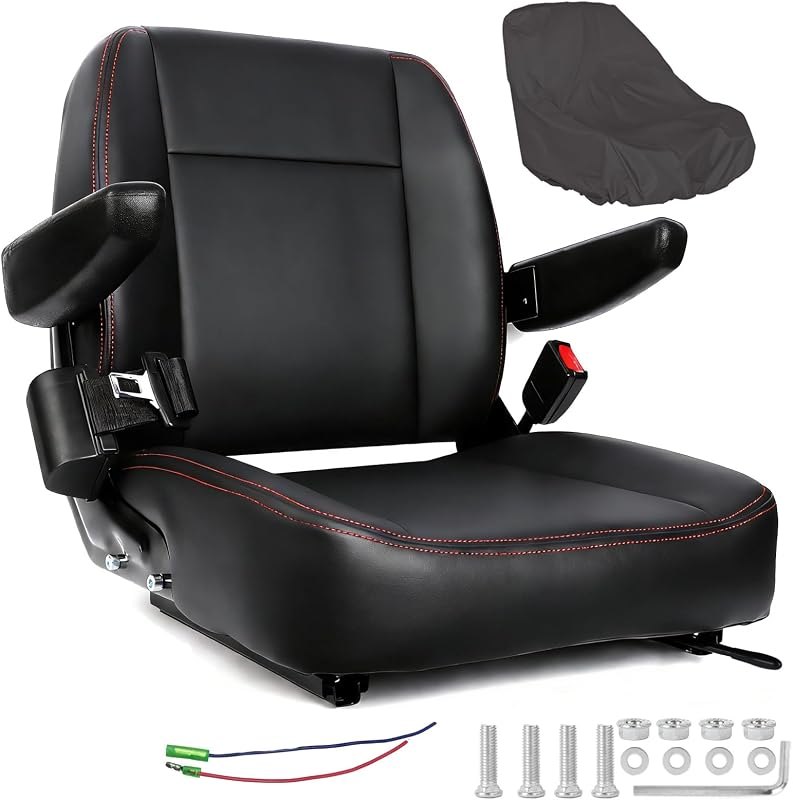 Universal Forklift Seat with Cover,High - Resilience Foam Cushioning with Seat Belt, Adjustable Armrests & Micro