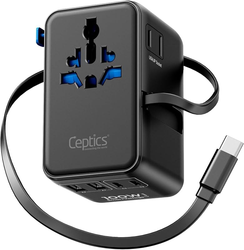 Ceptics Universal Travel Adapter, GAN 100W, 4 USB Ports & 2 Input Sockets — adapter for best packing cubes
