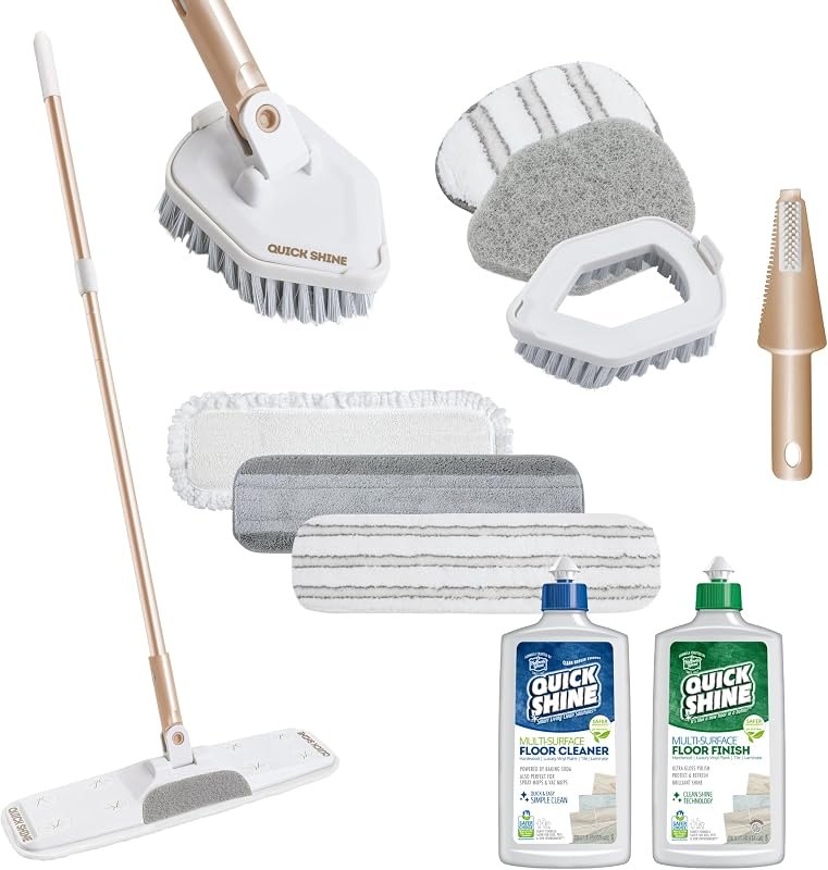 Quick Shine Clean + Polish 11 Pc Interchangeable Mop Kit w/Cleaner & Finish — Cloths, mops, and cleaners that do t for