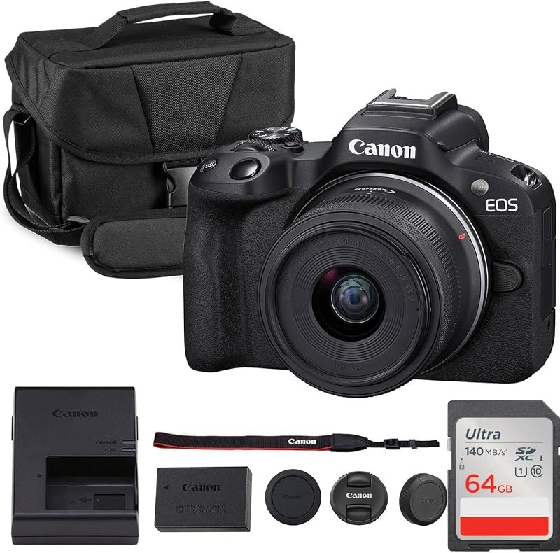 EOS R50 Mirrorless Camera with 18-45mm Lens (5811C012) Bundle — Canon for best beginner mirrorless camera best rated