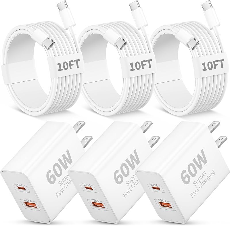 iPhone 17 16 15 Charger Fast Charging, 3 Pack 60W USB C Super Fast Charger | PD/QC Dual Port GaN Type C Charging Block, with 10FT Long US...