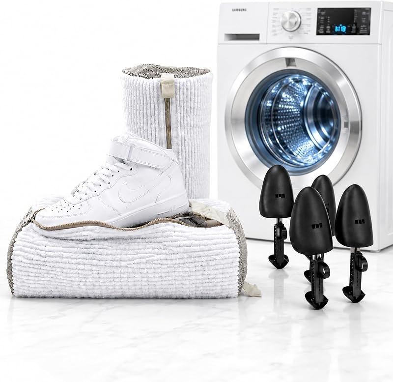 Shoe Washing Machine Bag - 360° Deep Cleaning White Laundry Shoe Bag for Washer and Dryer With Adjustable Shoes Trees