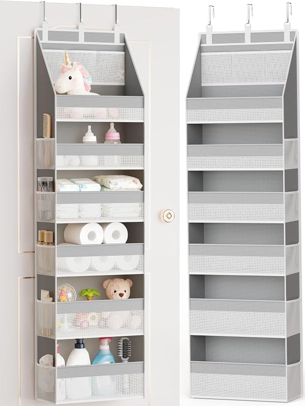 Criusia Over The Door Organizer, Heavy-Duty 6-Shelf Hanging Storage with 13 Mesh Pockets, 55lbs Capacity Behind The