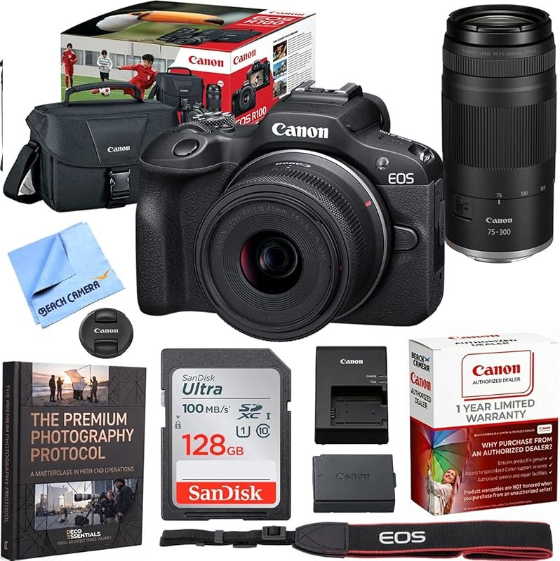 Canon EOS R100 Mirrorless Camera + 2 Lens Kit 18-45mm and 75-300mm Bundle — kit lens for best beginner mirrorless