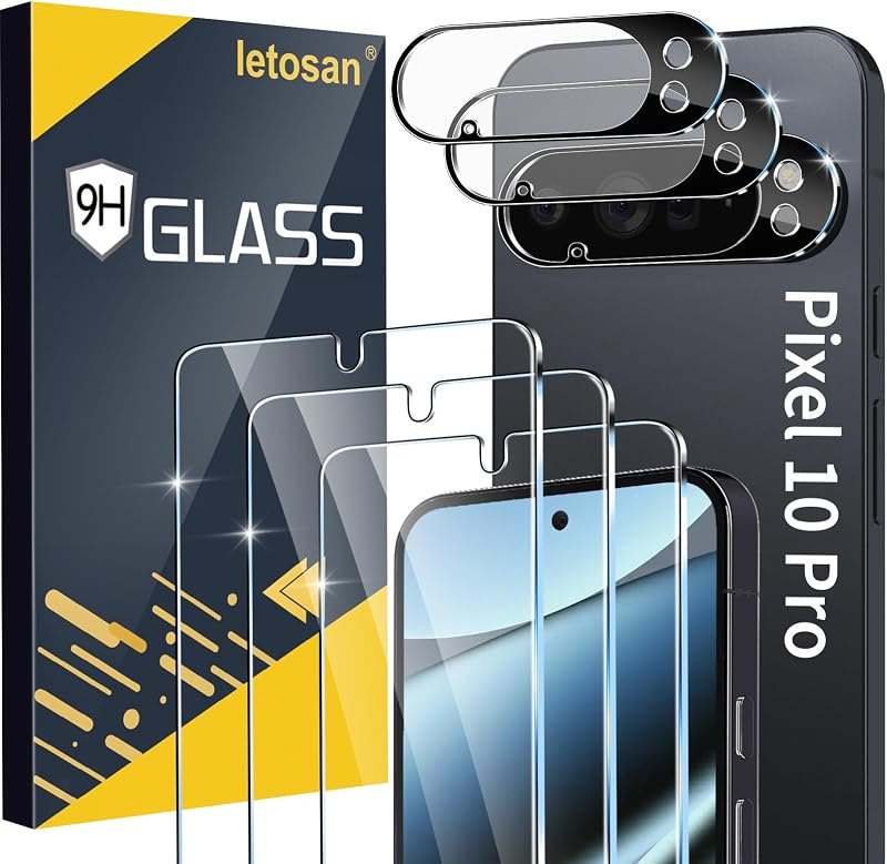 letosan 3 Pack for Google Pixel 10 Pro Screen Protector Tempered Glass + 3 Pack Camera Lens Protector, Military Grade