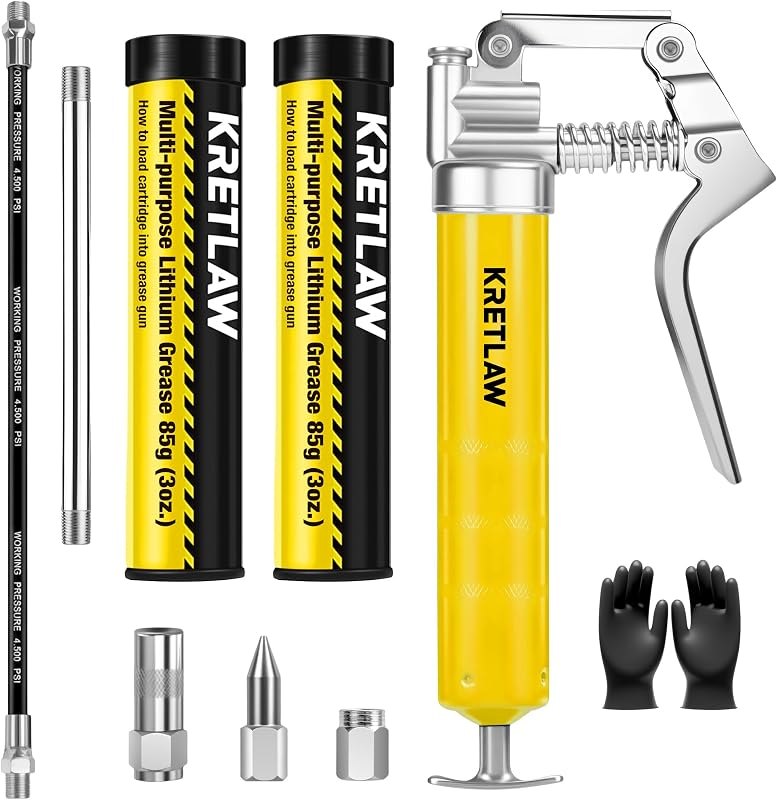 KRETLAW Mini Grease Gun (3000PSI) with Double 3oz Cartridge Grease and 12'' Flex Hose, Reinforced Coupler for