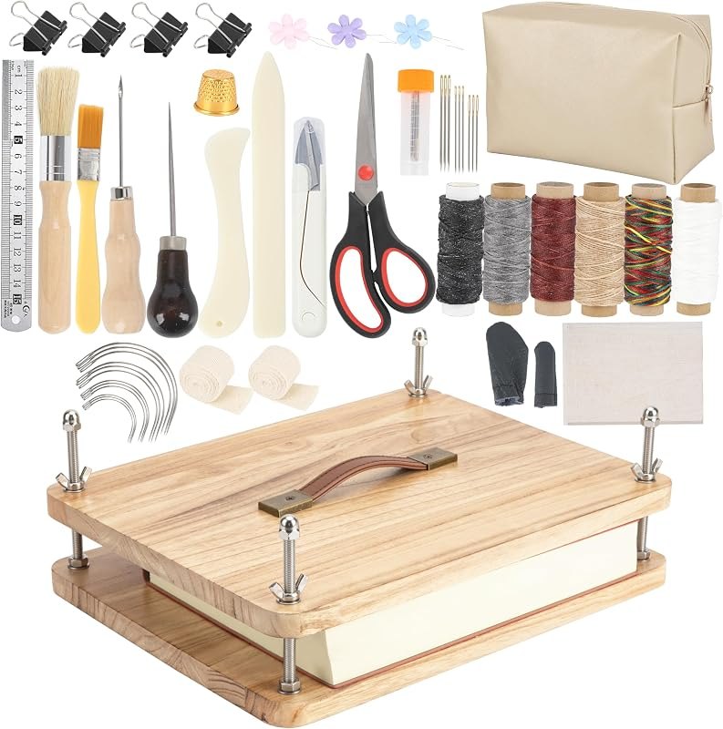 FUXAFU 50 Pcs Book Binding Kits, 14.7"x11.4" Inch Wooden Book Press,Books Binding Materials, with Bone Folder, Awl