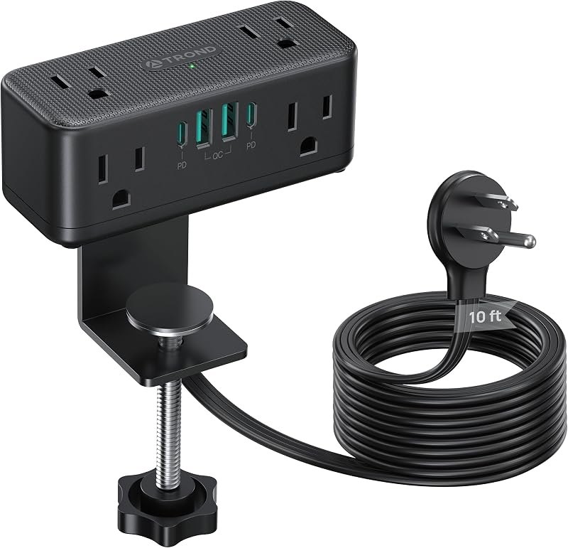 TROND Compact Desk Clamp Power Strip 10 ft, Fit 2.16" Tabletop Edge, Black — power strip for best standing desk