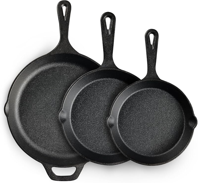 EWFEN Cast Iron Skillet 3-Piece Set, Heavy-Duty Professional Restaurant Chef Quality Pre-Seasoned Pan Cookware Set