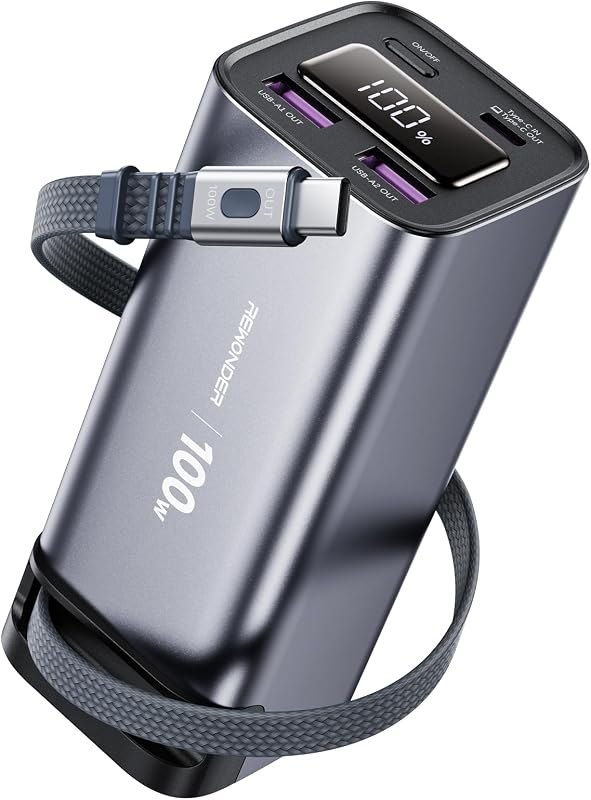 REWONDER 100W Power Bank Fast Charging 20000mAh with Built-in Retractable USB-C Cable, Portable Charger for MacBook