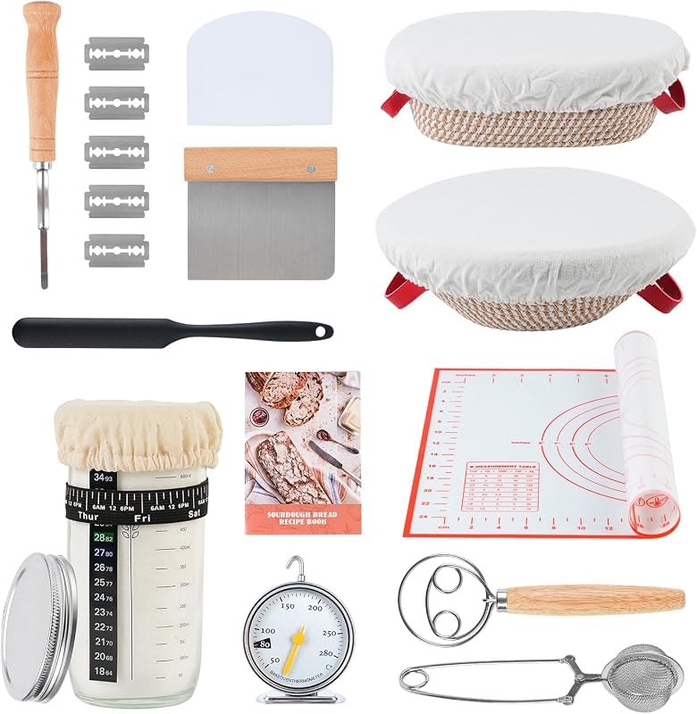Sourdough Starter Kit 16 PCS, 11" & 9" Cotton Bread Proofing Basket Kit, 24oz Sourdough Starter Jar, Banneton Bread
