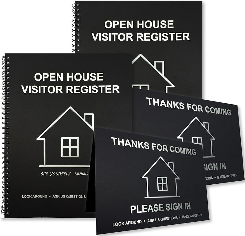 2 Pack Open House Sign-In Book for Visitors & Guest Registry with 2 Realtor Tent Cards — Real estate books pack for