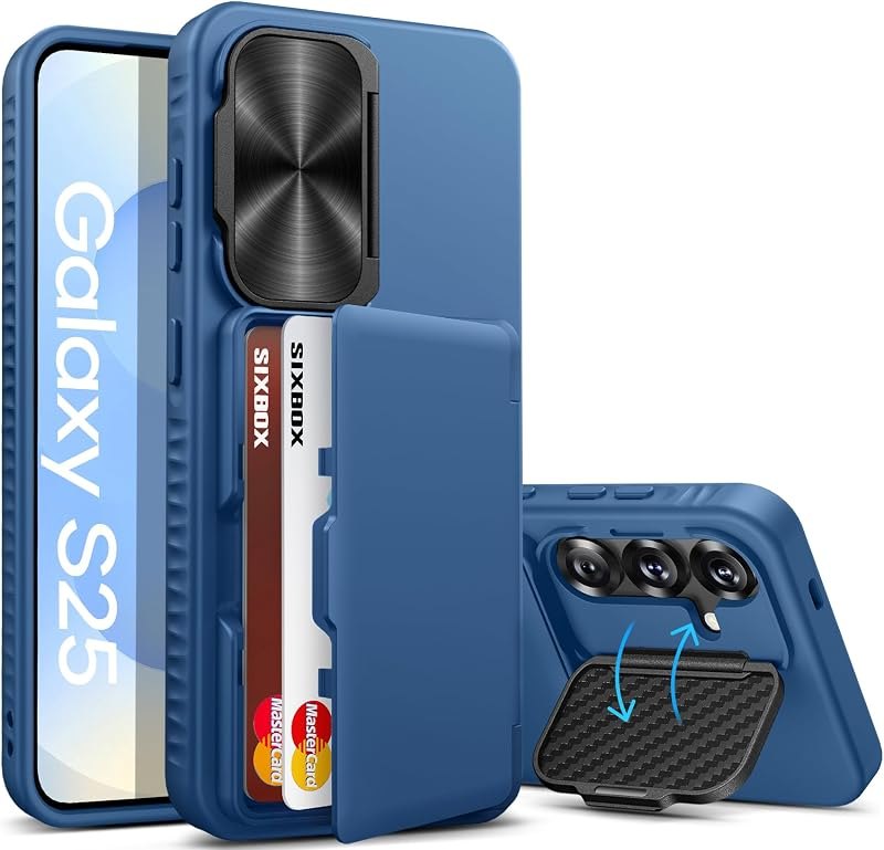 for Samsung Galaxy S25 Case with Card Holder, Built-in Stand & Camera Lens Cover, Shockproof Rugged Silicone Raised