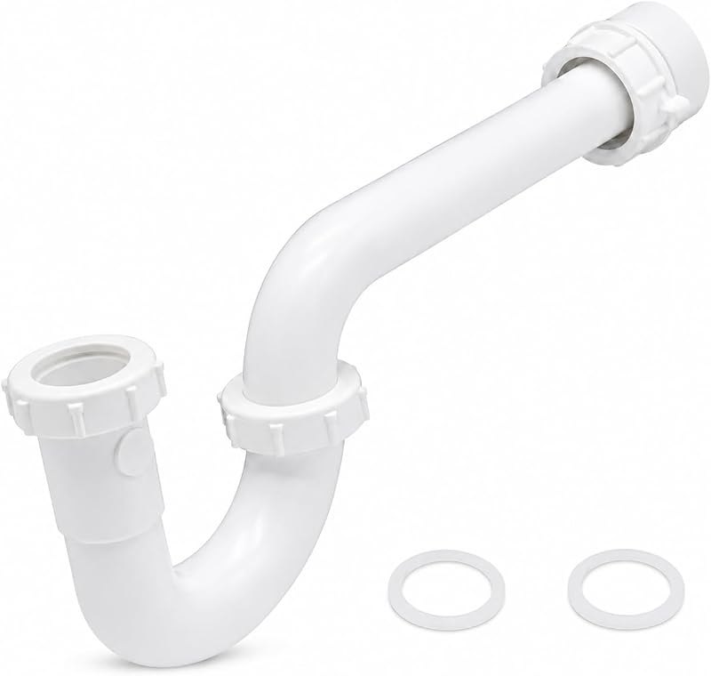 1-1/4 Inch P-Trap Kit, Polypropylene Tubular with PVC Marvel Adapter, Ribbed Threaded Nuts for Strong Leak-Free