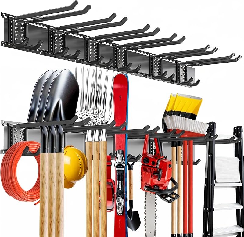 Garage Tool Organizer Wall Mount, 48inch Heavy-Duty Garage Storage System and Garden Tool Organizer with 6 Adjustable