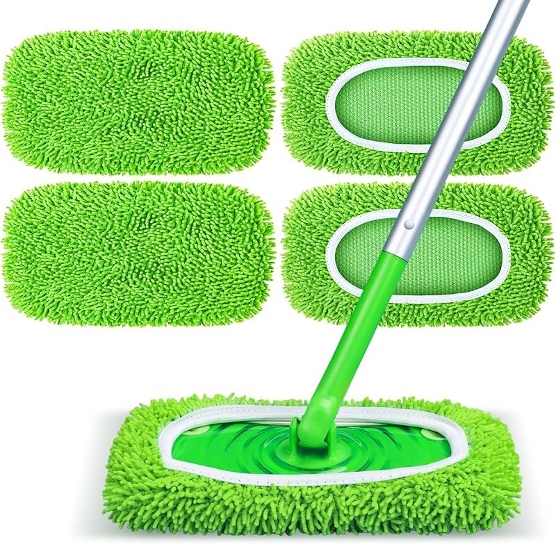 Reusable Mop Pads Fit Swiffer Sweeper, 4-Pack Microfiber Mop Replacement Pads, Washable Wet Mopping Cloths & Dry