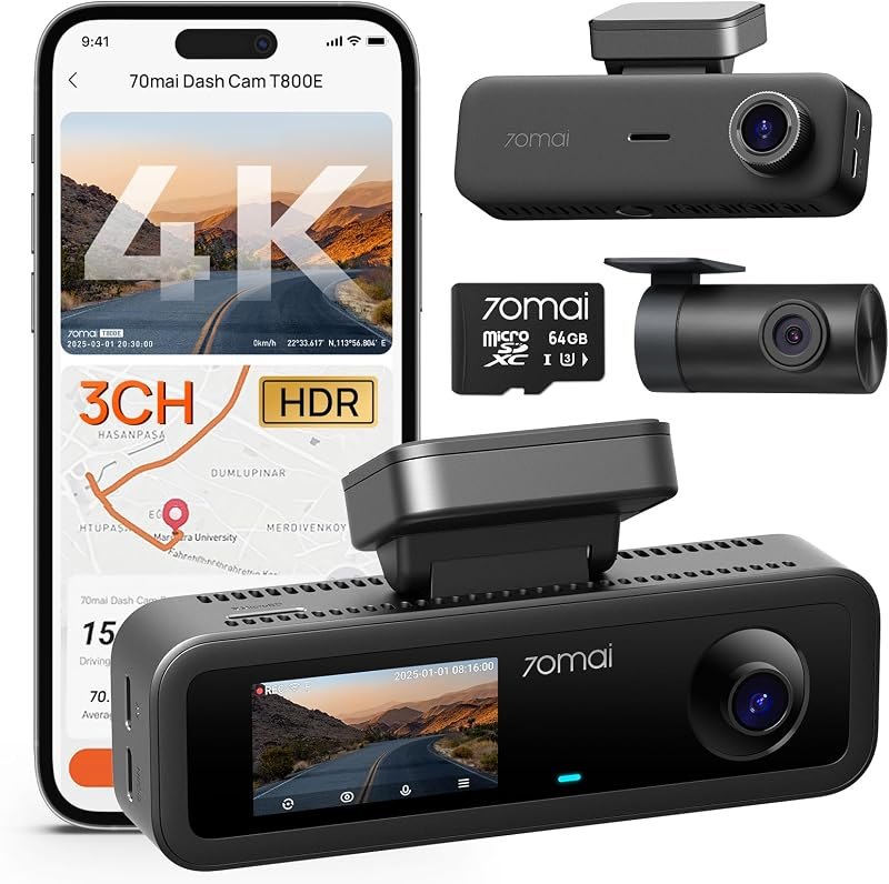 70mai 4K Dash Cam Front and Rear Inside, 3 Channel Car Dash Camera for Cars, Dashcam with GPS, Wi-Fi 6, Voice Control