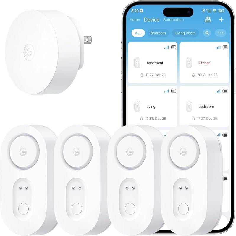 GoveeLife Upgraded Smart Water Leak Detector 1s with High Alarm, 4 Pack