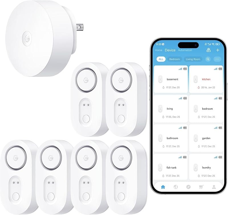 GoveeLife Upgraded Smart Water Leak Detector 1s with High Alarm, 6 Pack