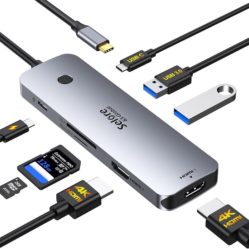 Selore USB C Docking Station Dual HDMI Monitor, USB C to Dual HDMI Adapter with 4K@60Hz HDMI, 100W PD, SD/TF, USB A&C