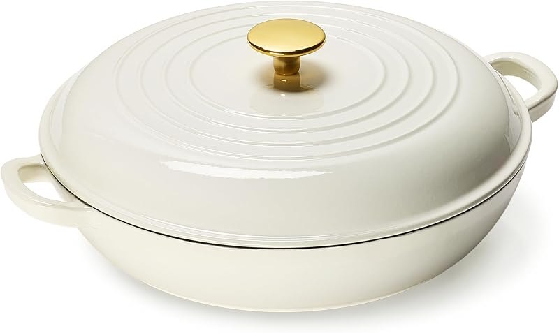 CAROTE 3.4QT Enamel Cast Iron Cookware, Skillet with Lid, White Dutch Oven — enamel for best cast iron skillet travel