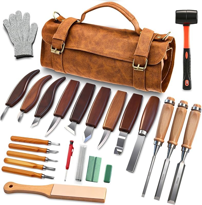 SakerNeo 25-Piece Wood Carving Kit Whittling Kit with Leather Storage Bag — Woodworking for woodworking kit