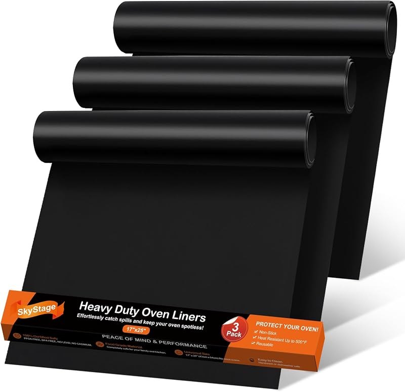 3 Pack Oven Liners for Bottom of Oven, 17"x 25" Non-Stick Reusable Oven Mat — Mats, bannetons, and oven thermomete for