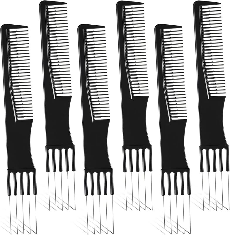 6 PCS Double-Head Parting Teasing Comb, Black Metal Prong Pick Combs Parting for Women Hair Pick Teasing Lifting
