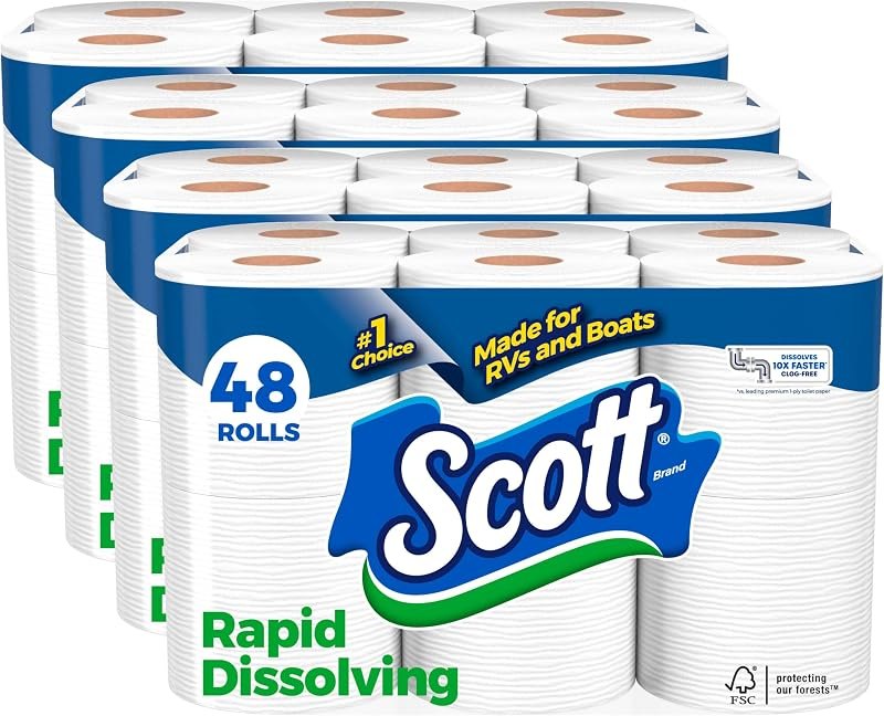 Scott Rapid-Dissolving Toilet Paper, 48 Double Rolls, Septic-Safe, Toilet Paper — RV pack for best