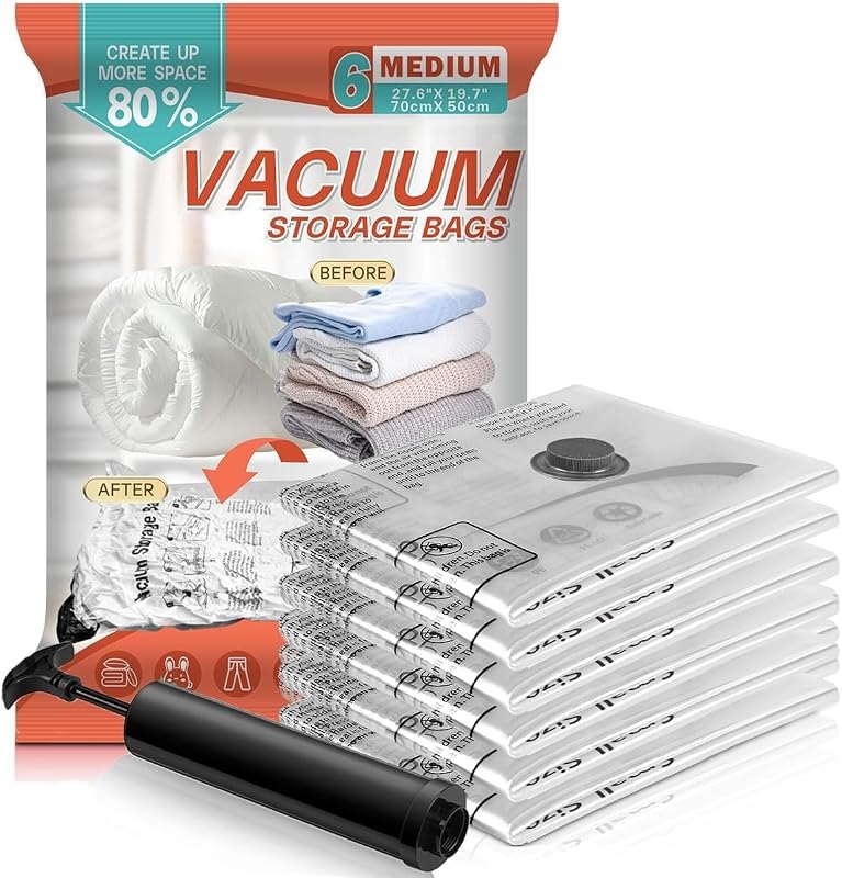 Vacuum Storage Bags 6 Pack Medium - Space Saver Bags for Comforters, Blankets, Clothes with Hand Pump - Compression