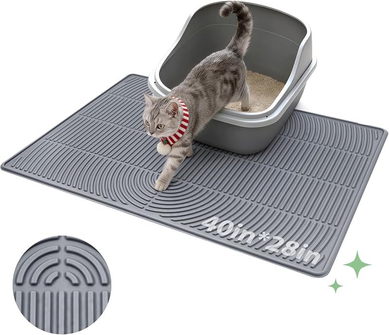 Pawtasy Cat Litter Mat,40" x 28" Extra Large Silicone Waterproof Litter Trapping Mat for Scatter Control Soft on Kitty
