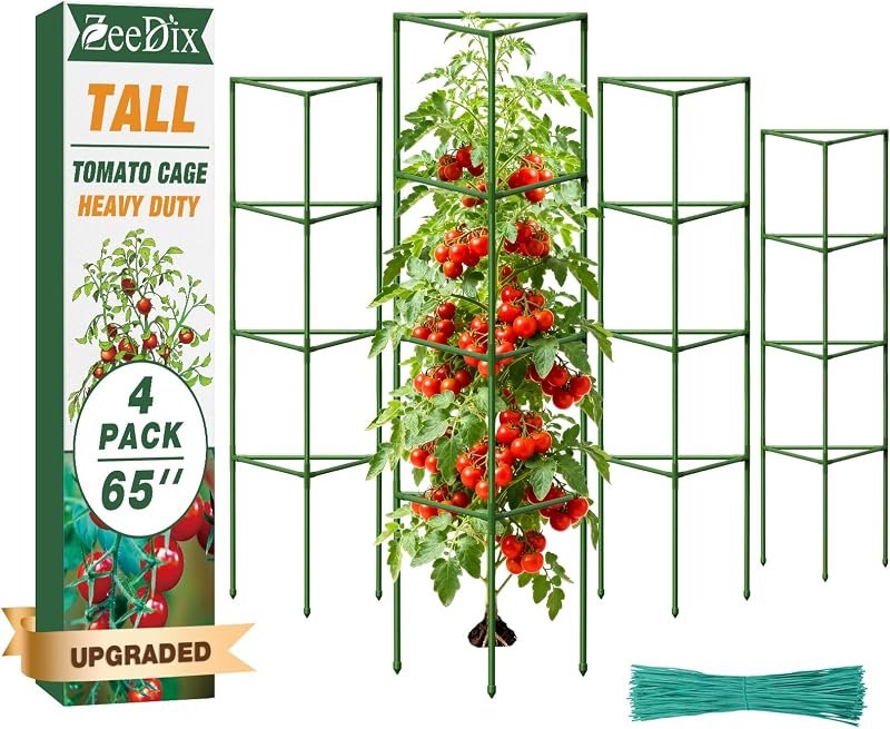 ZeeDix 65 Inch 4 Pack Heavy Duty Tall Tomato Cages for Garden — heavy duty tomato cage heavy duty for heavy duty