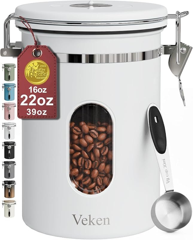 Veken Coffee Canister with Window, Airtight Stainless Steel Container, 22OZ — canister for best home coffee maker best