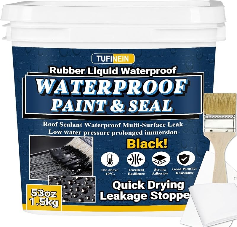 Rubber Liquid Waterproof Sealant, TUFINEIN 53oz/1.5kg Black Quick Drying Multi Surface Foundation Leak Repair - Roof