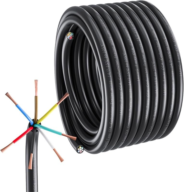 7 Way Trailer Wire Harness Kit, 50 Feet Heavy Duty 14 Gauge 7 Wire Trailer Cable with Color-Coded PVC Jacket, 7 Pin