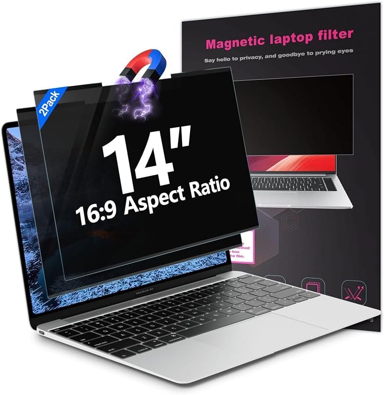 2Pack Magnetic 14 Inch Laptop Privacy Screen 16:9 Aspect Ratio, Removable Anti-Blue/Glare Protector Film, Anti Spy