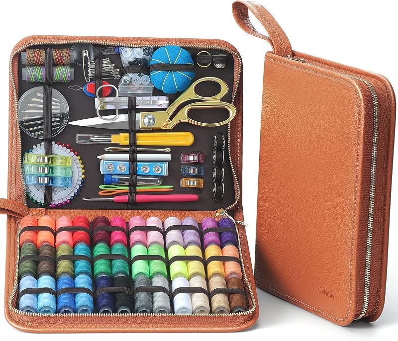 Cebelo Large Sewing Kit for Adults: 2-Year Supply for Home Mending (Brown)