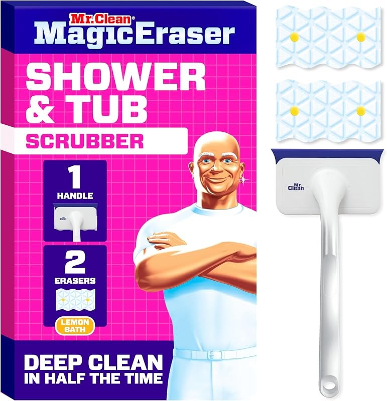 Mr. Clean Magic Eraser Shower & Tub Scrubber, Bathroom Cleaner, All in One Bathroom Cleaner, Lemon Starter Kit, 1